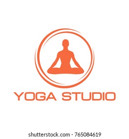 Yoga studio logo lotus pose man creative circle orange symbol web geometric icon. Decorative modern design art emblem banner vector on isolated white background