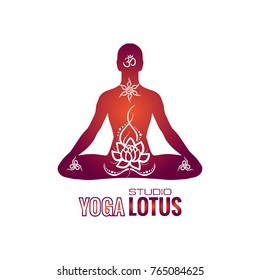 Yoga studio logo lotus pose man creative circle orange symbol web geometric icon. Decorative modern design art emblem banner vector on isolated white background.