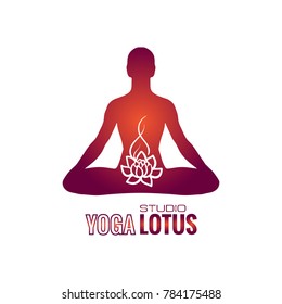 Yoga studio logo lotus pose man creative. Decorative modern design art emblem banner vector on isolated white background.