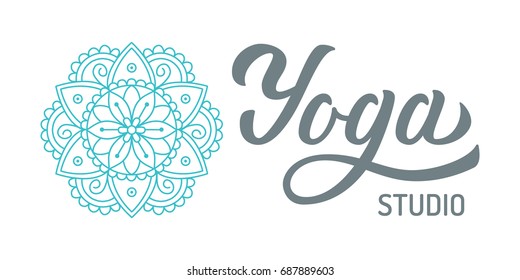 Yoga studio logo with mandala isolated on white background. Hand lettering elements. Vector illustration.