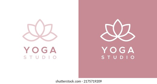 Yoga studio logo. Outline floral symbol. For company brand, packaging, product. Logotype in two versions: color and white. Vector illustration, flat design