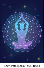 Yoga studio logo, Yoga poster, human silhouette in meditating or yoga pose, sacred geometry pattern with lights of seven Chakras, shiny mystic galaxy background, glowing stars in cosmic night space.