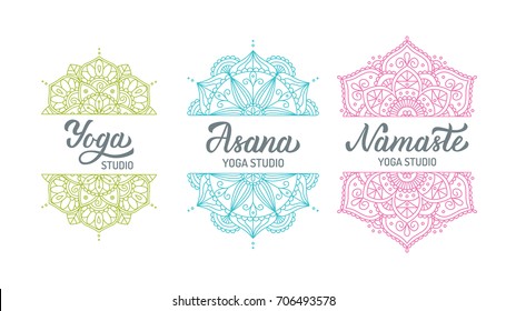 Yoga studio logo set with mandalas isolated on white background. Hand lettering elements. Vector illustration.