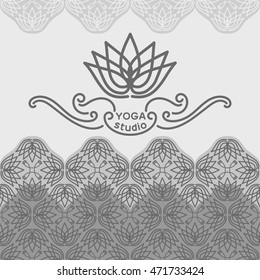 Yoga studio logo for a stylized lotus flower on a background of openwork pattern design vector