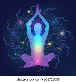 Yoga studio logo, sun mandala with wavy rays, human silhouette in meditating or yoga pose with rainbow lights of Chakras, shiny mystic galaxy background with glowing stars, the deep cosmic night space