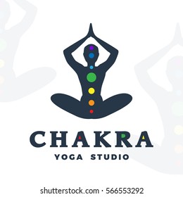 Yoga studio logo template. Chakra company logotype. Meditation pose silhouette design. Vector man label. Creative wellness illustration