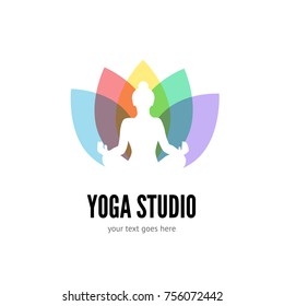 Yoga studio logo template design. Flat vector emblem with woman silhouette and colorful lotus flower isolated on white background