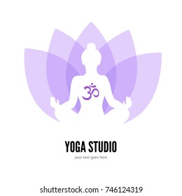 Yoga studio logo template. Flat vector emblem with woman silhouette and lotus flower isolated on white background