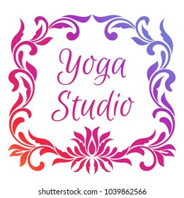 Yoga studio logo. Template of poster with lotus flower and frame of floral elements isolated on white background. 