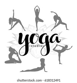 Yoga studio logo, used modern hand drawn lettering and decorative  lotuse and figure element