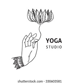 Yoga studio logo in vector. Yoga vector logotype template. Hand of a Buddha