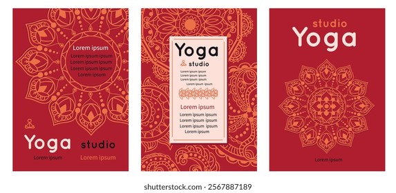 Yoga studio mandala cards. Ethnic Indian ornaments. Round patterns with floral esoteric elements. Oriental traditional design. Mehndi lace. Gym stretching. Yogi club