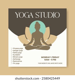 Yoga studio or meditation class editable social media posts, ads, banner or social media square flyer or poster template with yoga girl poses illustration background design