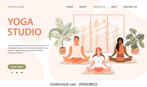 Yoga studio page template. Group of different people do yoga and meditates in gym. Concept of yoga school, sport, stress relief, physical and mental health. Vector illustration.