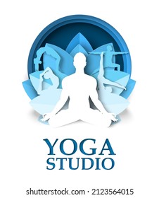 Yoga studio poster, flyer design template. Vector illustration in paper art style. Yoga poses, classes.