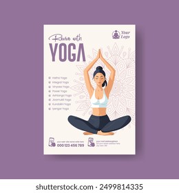 Plantilla de folleto o póster de impresión de estudio de yoga con ilustración de pose de niña de yoga