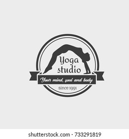 Yoga Studio Symbol template with woman doing exercise. Design Logo. This badge can be used for social network and web advertising or brand promotion.