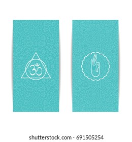 Yoga studio template. Set of vertical turquoise flyers with chakra and mandala symbols. Design for yoga studio, spa, center, classes, poster, magazine, invitation, gift certificate and presentation