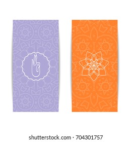 Yoga studio template. Set of vertical orange and purple flyers with chakra and mandala symbols. Design for yoga studio, spa, center, classes, magazine, invitation, gift certificate and presentation