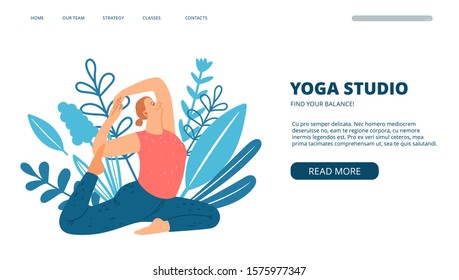 Yoga studio web page. Modern landing page with flat design. Woman doing yoga vector banner template