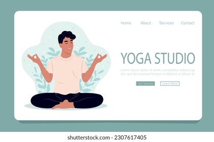 Yoga studio web page template. A man does yoga, meditating. International Day of Yoga. Modern concept of flat web page design for website and mobile site. Vector illustration.