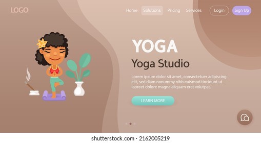 Yoga Studio website template. Illustration of a cartoon beautiful woman practicing yoga vrikshasana or tree pose. Flat female character.