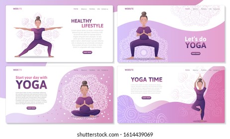 Yoga studio website templates set, web app or webpage vector template. Young women in different yoga poses, meditation and asanas. Yoga center web site for exercises. Vector flat illustration