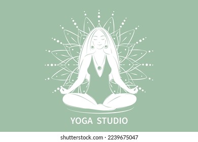 Yogastudio. Frauen meditieren, Yoga praktizieren. Silhouette Zeichnung für Logo, Banner oder Werbung. Vektorgrafik.