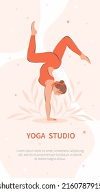 Yoga studio. Woman practicing yoga. Vector illustration.