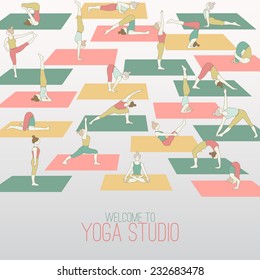 Yoga studio. Women practice in yoga class.