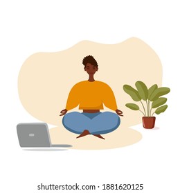 Yoga studios broadcast online classes. Dark-skinned girl watch online sports lessons on a laptop and trains at home. Concept illustration isolated on a white background.