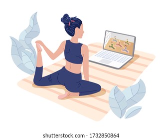 Yoga studios streaming online classes. Girl watching online sport tutorials on a laptop and working out at home. Concept illustration isolated on white.