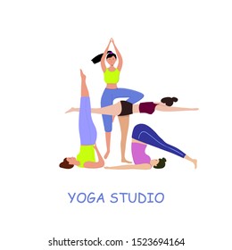 Yoga studio.Yoga classes.Young beautiful women doing yoga in studio.Healthy lifestyle. World Health Day. Vector illustration.