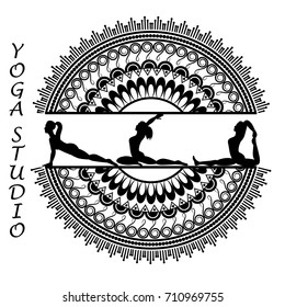 Yoga style mandala with silhouettes in yoga poses. Vector illustration