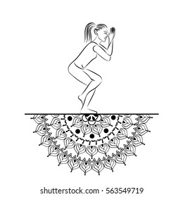 Yoga style mandala with woman line silhouette in yoga pose vector illustration.