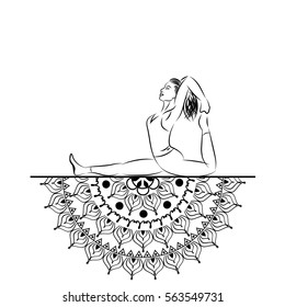 Yoga style mandala with woman line silhouette in yoga pose vector illustration.