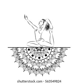 Yoga style mandala with woman line silhouette in yoga pose vector illustration.