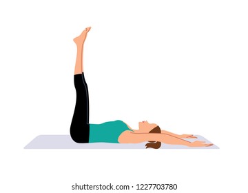 Yoga style woman doing leg raising exercise. Vector illustration.