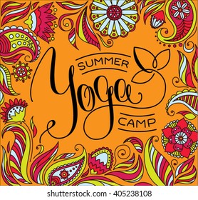 Yoga summer camp logotype with floral frame