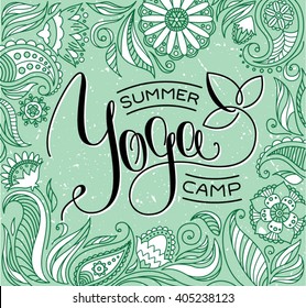 Yoga summer camp logotype with floral frame