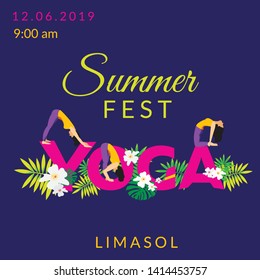 Yoga Summer Fest. Design template for event poster with yoga word with tropic flowers decoration and woman in asans. Body positive. Yoga retret. Banner for social media. Flyer design. - Vector