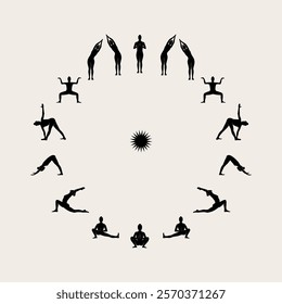 Yoga sun salutation abstract poster. Monochrome woman silhouette modern illustration. Health care and lifestyle concept. Hand drawn Vector illustration for print and web.