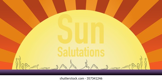Yoga sun salutation pose step in gesture drawing line with sun on background.