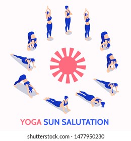 yoga sun salutation routine daily practice isometric illustration