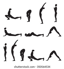 Yoga sun salutation.
Set of icons for sun salutation yoga exercises. Vector available.
