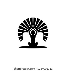 Yoga Sun Studio Logo Icon Design Element. Human silhouette, lotus flower, and sun.