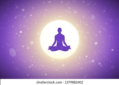 Yoga at sunrise. Vector conceptual illustration with silhouette of yoga girl in lotus pose. Pastel background with sun and flying fluff