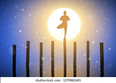 Yoga at sunrise. Vector conceptual illustration with silhouette of yogi standing on log. Pastel background with sun and flying fluff