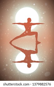 Yoga at sunset. Vector conceptual illustration with silhouette of yogi in pose of warrior. Pastel background with sun and flying fluff