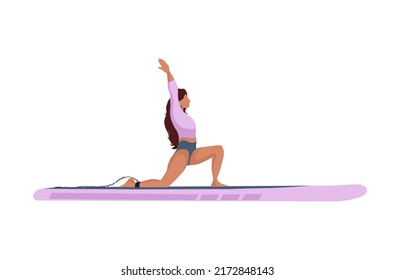 Embarcadero de yoga. Cartel de remo y mujer practicando yoga. Colección de pádel de pie. Deporte acuático. Ilustración vectorial plana de Sup surfer aislada del fondo.